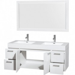 60 inch Double Bathroom Vanity in Glossy White, Acrylic Resin Countertop, Integrated Sinks, and 58 inch Mirror