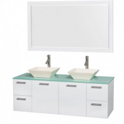 60 inch Double Bathroom Vanity in Glossy White, Green Glass Countertop, Pyra Bone Porcelain Sinks, and 58 inch Mirror