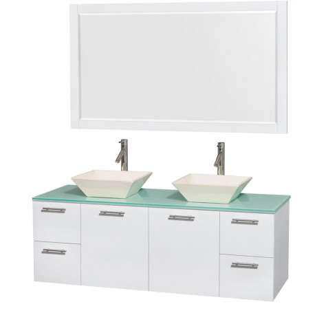 60 inch Double Bathroom Vanity in Glossy White, Green Glass Countertop, Pyra Bone Porcelain Sinks, and 58 inch Mirror