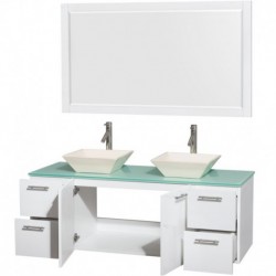 60 inch Double Bathroom Vanity in Glossy White, Green Glass Countertop, Pyra Bone Porcelain Sinks, and 58 inch Mirror