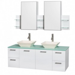 60 inch Double Bathroom Vanity in Glossy White, Green Glass Countertop, Pyra Bone Porcelain Sinks, and Medicine Cabinets