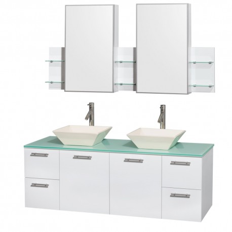 60 inch Double Bathroom Vanity in Glossy White, Green Glass Countertop, Pyra Bone Porcelain Sinks, and Medicine Cabinets