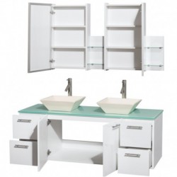 60 inch Double Bathroom Vanity in Glossy White, Green Glass Countertop, Pyra Bone Porcelain Sinks, and Medicine Cabinets