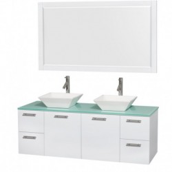 60 inch Double Bathroom Vanity in Glossy White, Green Glass Countertop, Pyra White Sinks, and 58 inch Mirror
