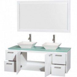 60 inch Double Bathroom Vanity in Glossy White, Green Glass Countertop, Pyra White Sinks, and 58 inch Mirror