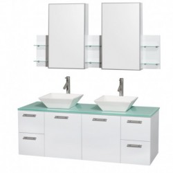60 inch Double Bathroom Vanity in Glossy White, Green Glass Countertop, Pyra White Sinks, and Medicine Cabinets