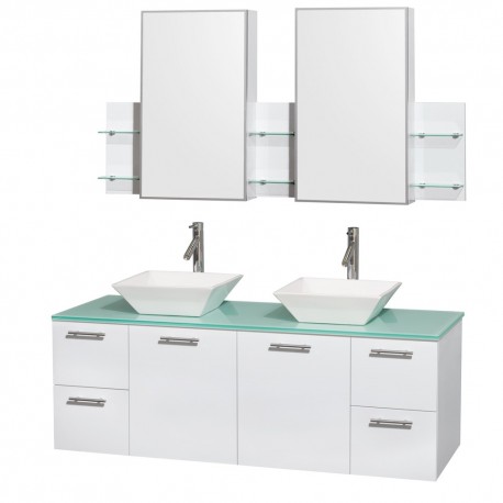 60 inch Double Bathroom Vanity in Glossy White, Green Glass Countertop, Pyra White Sinks, and Medicine Cabinets