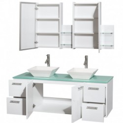 60 inch Double Bathroom Vanity in Glossy White, Green Glass Countertop, Pyra White Sinks, and Medicine Cabinets
