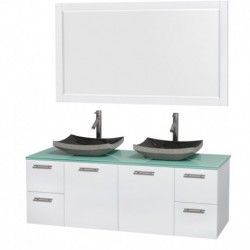 60 inch Double Bathroom Vanity in Glossy White, Green Glass Countertop, Altair Black Granite Sinks, and 58 inch Mirror