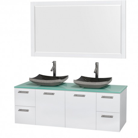 60 inch Double Bathroom Vanity in Glossy White, Green Glass Countertop, Altair Black Granite Sinks, and 58 inch Mirror