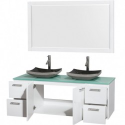 60 inch Double Bathroom Vanity in Glossy White, Green Glass Countertop, Altair Black Granite Sinks, and 58 inch Mirror