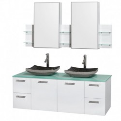 60 inch Double Bathroom Vanity in Glossy White, Green Glass Countertop, Altair Black Granite Sinks, and Medicine Cabinets