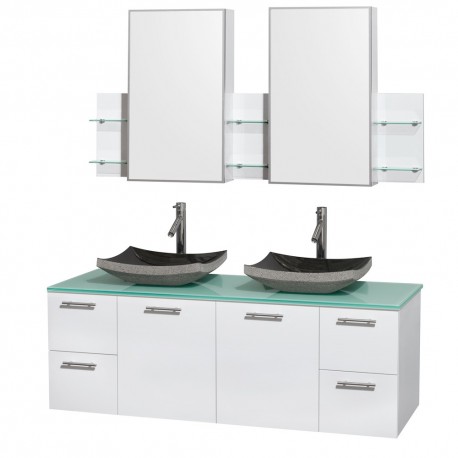60 inch Double Bathroom Vanity in Glossy White, Green Glass Countertop, Altair Black Granite Sinks, and Medicine Cabinets