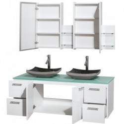 60 inch Double Bathroom Vanity in Glossy White, Green Glass Countertop, Altair Black Granite Sinks, and Medicine Cabinets