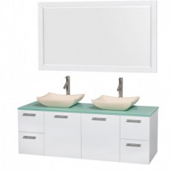 60 inch Double Bathroom Vanity in Glossy White, Green Glass Countertop, Avalon Ivory Marble Sinks, and 58 inch Mirror
