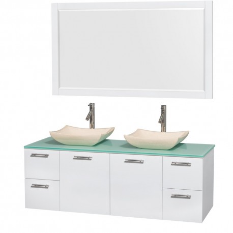 60 inch Double Bathroom Vanity in Glossy White, Green Glass Countertop, Avalon Ivory Marble Sinks, and 58 inch Mirror