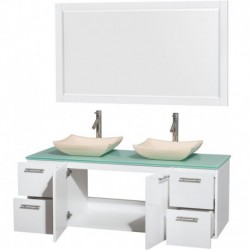 60 inch Double Bathroom Vanity in Glossy White, Green Glass Countertop, Avalon Ivory Marble Sinks, and 58 inch Mirror
