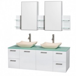 60 inch Double Bathroom Vanity in Glossy White, Green Glass Countertop, Avalon Ivory Marble Sinks, and Medicine Cabinets
