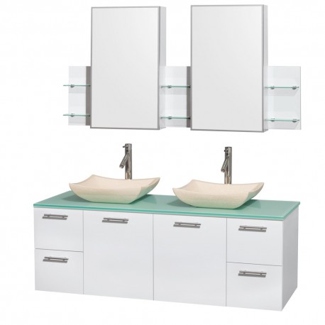 60 inch Double Bathroom Vanity in Glossy White, Green Glass Countertop, Avalon Ivory Marble Sinks, and Medicine Cabinets