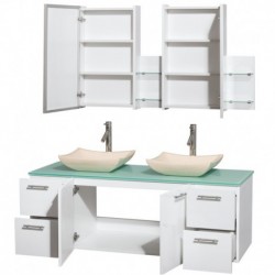 60 inch Double Bathroom Vanity in Glossy White, Green Glass Countertop, Avalon Ivory Marble Sinks, and Medicine Cabinets