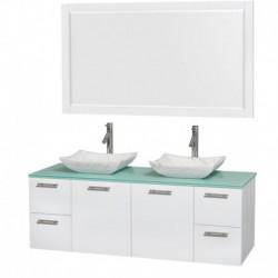 60 inch Double Bathroom Vanity in Glossy White, Green Glass Countertop, Avalon White Carrera Marble Sinks, and 58 inch Mirror
