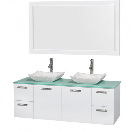 60 inch Double Bathroom Vanity in Glossy White, Green Glass Countertop, Avalon White Carrera Marble Sinks, and 58 inch Mirror