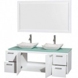 60 inch Double Bathroom Vanity in Glossy White, Green Glass Countertop, Avalon White Carrera Marble Sinks, and 58 inch Mirror