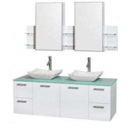 60 inch Double Bathroom Vanity in Glossy White, Green Glass Countertop, Avalon White Carrera Marble Sinks, and Medicine Cabinet