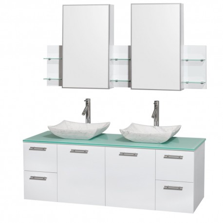 60 inch Double Bathroom Vanity in Glossy White, Green Glass Countertop, Avalon White Carrera Marble Sinks, and Medicine Cabinet