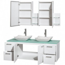 60 inch Double Bathroom Vanity in Glossy White, Green Glass Countertop, Avalon White Carrera Marble Sinks, and Medicine Cabinet