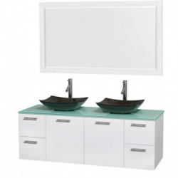 60 inch Double Bathroom Vanity in Glossy White, Green Glass Countertop, Arista Black Granite Sinks, and 58 inch Mirror