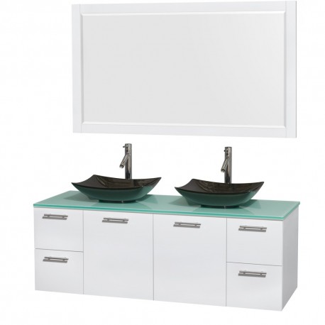 60 inch Double Bathroom Vanity in Glossy White, Green Glass Countertop, Arista Black Granite Sinks, and 58 inch Mirror