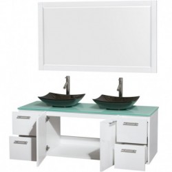 60 inch Double Bathroom Vanity in Glossy White, Green Glass Countertop, Arista Black Granite Sinks, and 58 inch Mirror