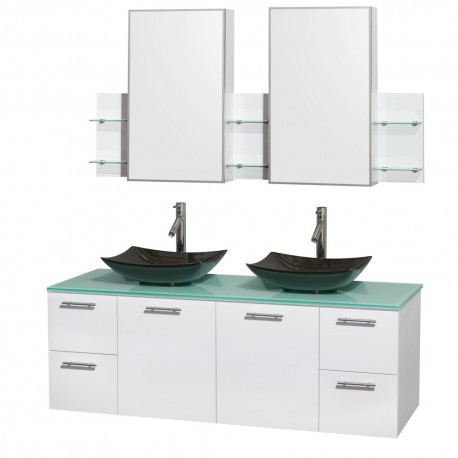 60 inch Double Bathroom Vanity in Glossy White, Green Glass Countertop, Arista Black Granite Sinks, and Medicine Cabinets