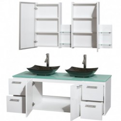 60 inch Double Bathroom Vanity in Glossy White, Green Glass Countertop, Arista Black Granite Sinks, and Medicine Cabinets