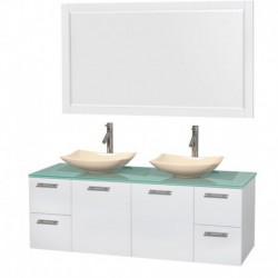 60 inch Double Bathroom Vanity in Glossy White, Green Glass Countertop, Arista Ivory Marble Sinks, and 58 inch Mirror