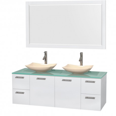 60 inch Double Bathroom Vanity in Glossy White, Green Glass Countertop, Arista Ivory Marble Sinks, and 58 inch Mirror