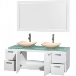 60 inch Double Bathroom Vanity in Glossy White, Green Glass Countertop, Arista Ivory Marble Sinks, and 58 inch Mirror