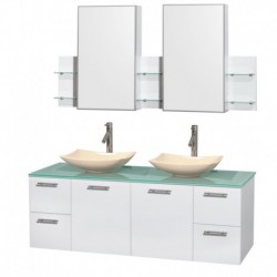 60 inch Double Bathroom Vanity in Glossy White, Green Glass Countertop, Arista Ivory Marble Sinks, and Medicine Cabinets