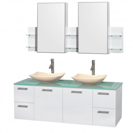 60 inch Double Bathroom Vanity in Glossy White, Green Glass Countertop, Arista Ivory Marble Sinks, and Medicine Cabinets
