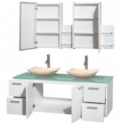 60 inch Double Bathroom Vanity in Glossy White, Green Glass Countertop, Arista Ivory Marble Sinks, and Medicine Cabinets