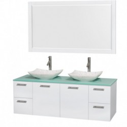 60 inch Double Bathroom Vanity in Glossy White, Green Glass Countertop, Arista White Carrera Marble Sinks, and 58 inch Mirror