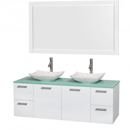 60 inch Double Bathroom Vanity in Glossy White, Green Glass Countertop, Arista White Carrera Marble Sinks, and 58 inch Mirror