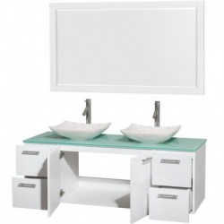 60 inch Double Bathroom Vanity in Glossy White, Green Glass Countertop, Arista White Carrera Marble Sinks, and 58 inch Mirror