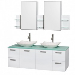 60 inch Double Bathroom Vanity in Glossy White, Green Glass Countertop, Arista White Carrera Marble Sinks, and Medicine Cabinet