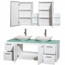 60 inch Double Bathroom Vanity in Glossy White, Green Glass Countertop, Arista White Carrera Marble Sinks, and Medicine Cabinet