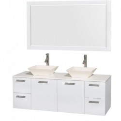60 inch Double Bathroom Vanity in Glossy White, White Man-Made Stone Countertop, Pyra Bone Porcelain Sinks, and 58 inch Mirror