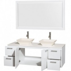 60 inch Double Bathroom Vanity in Glossy White, White Man-Made Stone Countertop, Pyra Bone Porcelain Sinks, and 58 inch Mirror