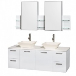 60 inch Double Bathroom Vanity in Glossy White, White Man-Made Stone Countertop, Pyra Bone Porcelain Sinks, and Medicine Cabine