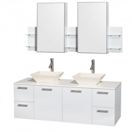 60 inch Double Bathroom Vanity in Glossy White, White Man-Made Stone Countertop, Pyra Bone Porcelain Sinks, and Medicine Cabine